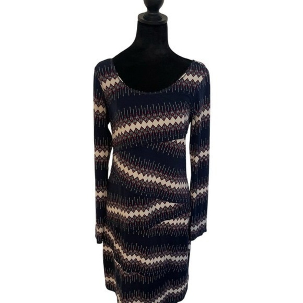 Max Studio Navy Mod Boho Tiered Long Sleeve Scoop Neck Sheath Dress Womens MED